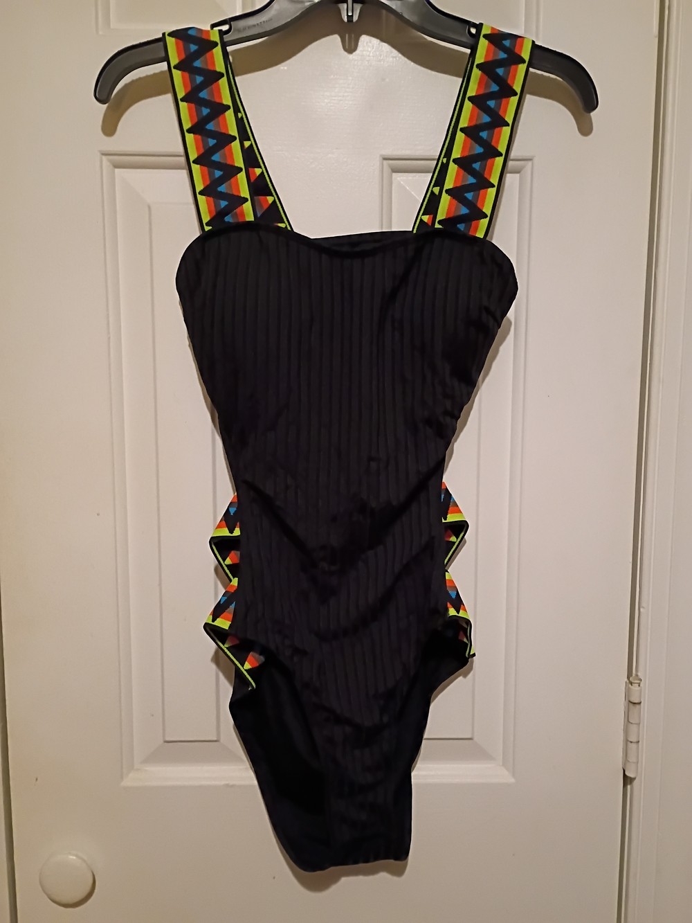 Black One-Piece Swim Suit with Neon Geometric Straps - Women Swim